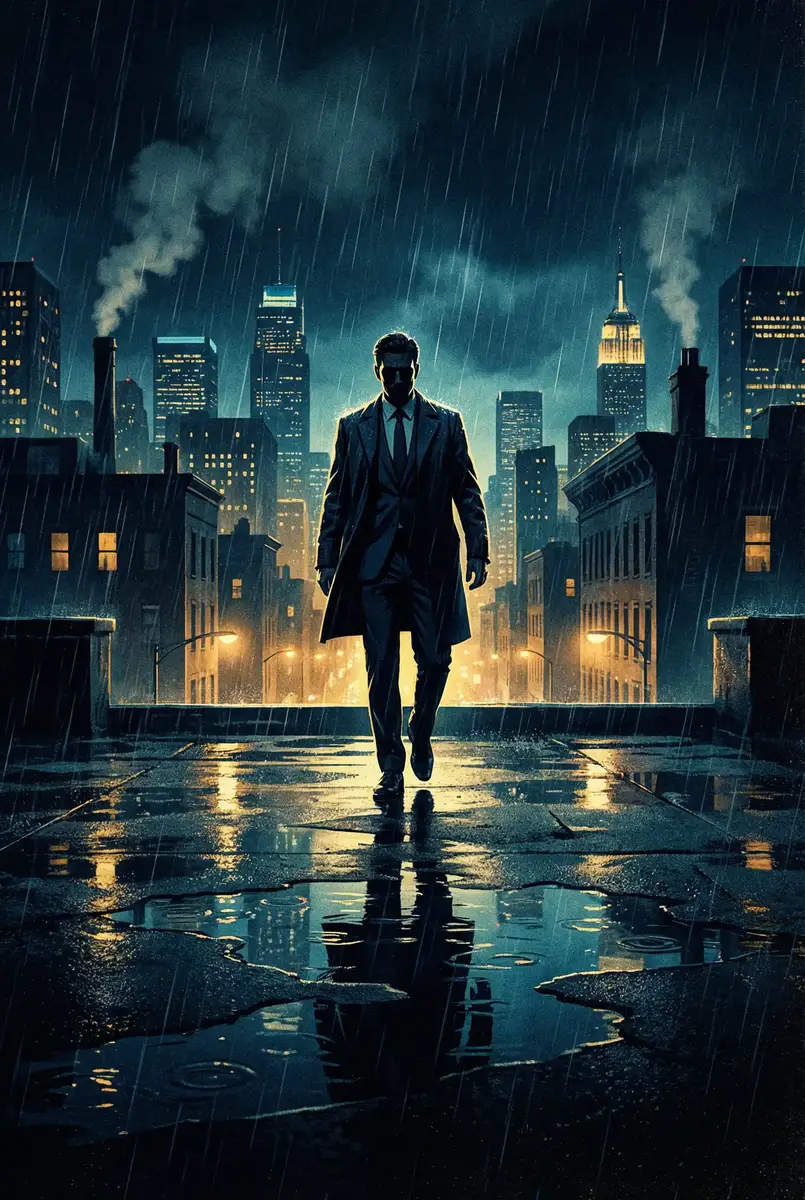 2019最新资源站姿网 出品影片《雨夜独行者》海报，雨中城市屋顶男性剪影